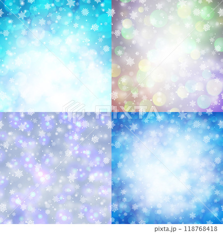 Magic winter glitter backgrounds set with falling snow. White snowflakes on light blurred backdrop. Template for Happy New Year and Merry Christmas holidays congratulation vector illustration. Magic winter glitter backgrounds set with falling snow. White snowflakes on light blurred backdrop. Template for Happy New Year and Merry Christmas holidays congratulation vector illustration. 118768418