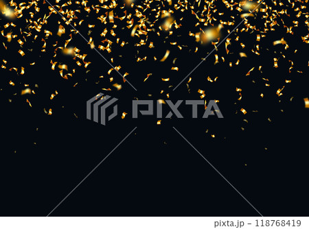 Realistic falling golden confetti on black background. Shiny festive serpentine backdrop for surprise party invitation. Wedding ceremony luxury decoration. Anniversary celebration vector illustration Realistic falling golden confetti on black background. Shiny festive serpentine backdrop for surprise party invitation. Wedding ceremony luxury decoration. Anniversary celebration vector illustration 118768419