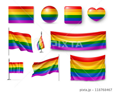 LGBT flags and signs in rainbow colors set. Freedom symbols, pride flag, glossy buttons of various shapes. Love and support realistic vector illustration on isolated on white background 118768467