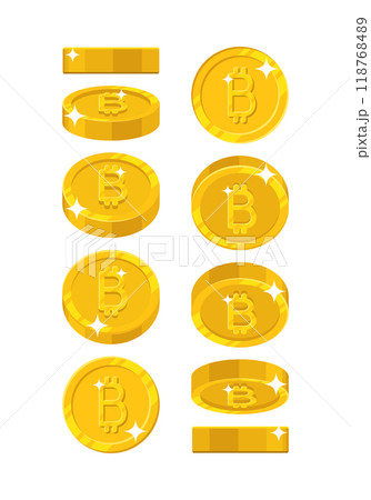Gold bitcoin views cartoon style isolated. The gold bitcoin is at different angles around its axis for designers and illustrators. Rotation of a gold coin in the form of a vector illustration Gold bitcoin views cartoon style isolated. The gold bitcoin is at different angles around its axis for designers and illustrators. Rotation of a gold coin in the form of a vector illustration 118768489