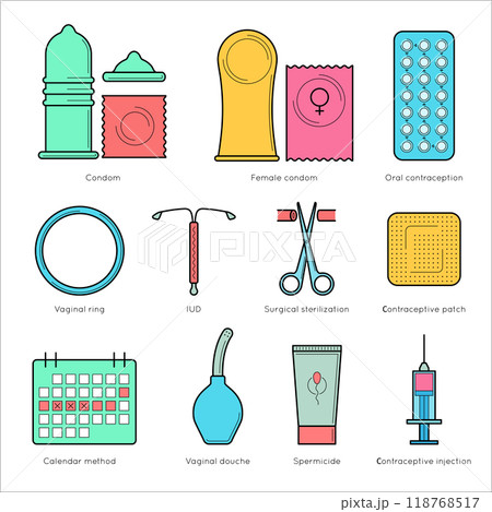Contraceptive flat line vector icons. Planning pregnancy and birth control. Contraception methods - condom, oral contraception and patch, vaginal spiral and ring, spermicide, surgical sterilization 118768517