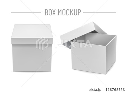 Blank cardboard boxes mockups isolated on white background vector illustration. Front view closed and opened realistic white box for retail advertising campaign. Template for create branding identity. Blank cardboard boxes mockups isolated on white background vector illustration. Front view closed and opened realistic white box for retail advertising campaign. Template for create branding identity. 118768538