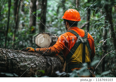 木を切る男性　木こり 118769103