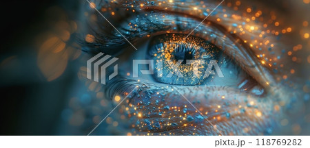 Closeup of a blue eye with futuristic digital light effects and a touch of artistic abstraction 118769282