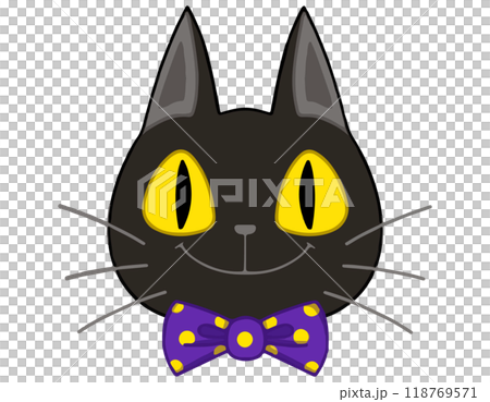 Smiling black cat icon with a polka dot bow tie Smiling black cat icon with a polka dot bow tie 118769571