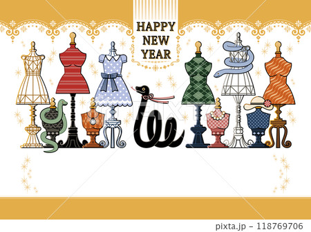 巳年イラスト年賀状デザイン「トルソーアクセサリースタンドマネキン」HAPPY NEW YEAR 118769706