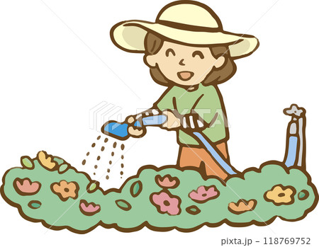庭の花に水やりをする女性 118769752