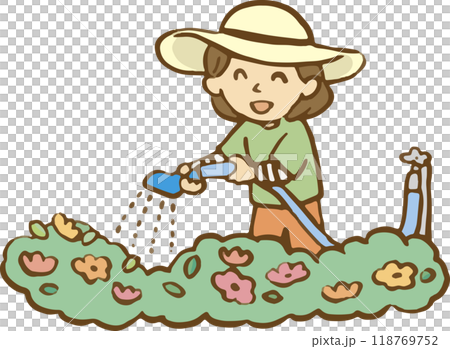 庭の花に水やりをする女性 118769752