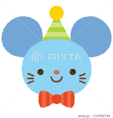パーティー帽子と蝶ネクタイをつけたかわいいネズミの顔 118769788