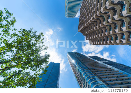 looking up view of city skyline in tokyo, japan looking up view of city skyline in tokyo, japan 118770179