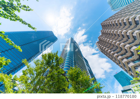 looking up view of city skyline in tokyo, japan 118770180