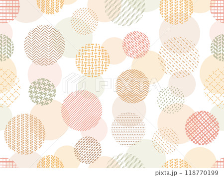手描き風の編み目とステッチとチェック柄の円のパターン背景 手描き風の編み目とステッチとチェック柄の円のパターン背景 118770199