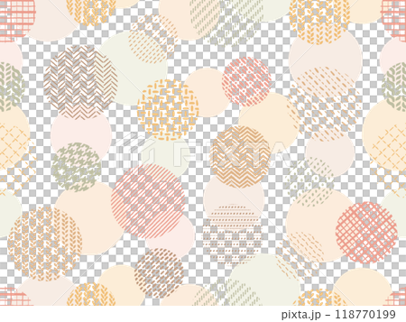 手描き風の編み目とステッチとチェック柄の円のパターン背景 手描き風の編み目とステッチとチェック柄の円のパターン背景 118770199
