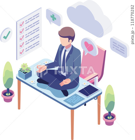 Isometric Businessman Meditating for Anxiety Management at Desk Isometric Businessman Meditating for Anxiety Management at Desk 118770282