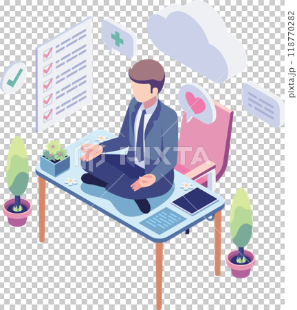 Isometric Businessman Meditating for Anxiety Management at Desk Isometric Businessman Meditating for Anxiety Management at Desk 118770282