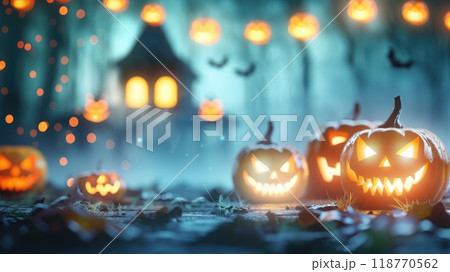 Glowing jack-o'-lanterns in a dark, spooky forest with a haunted house in the background, creating a magical Halloween night scene. 118770562