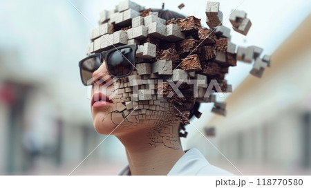 Surreal portrait of a person with a head fracturing into wooden Surreal portrait of a person with a head fracturing into wooden 118770580