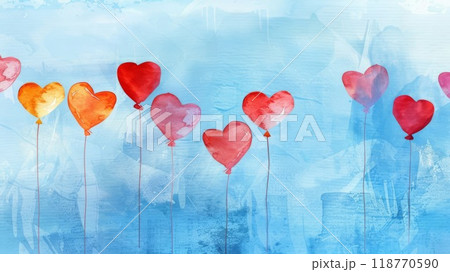 Heart-shaped red balloons against a textured blue backdrop, conv 118770590