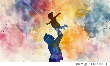A silhouette of a parent lifting a child against a colorful abst A silhouette of a parent lifting a child against a colorful abst 118770601