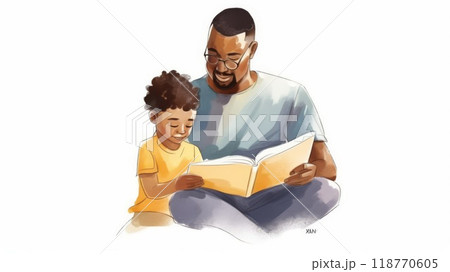 A tender moment as a father lovingly reads a story to his child, 118770605