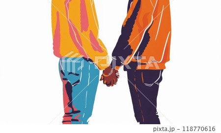 Illustration on a white background of two men holding hands, min 118770616