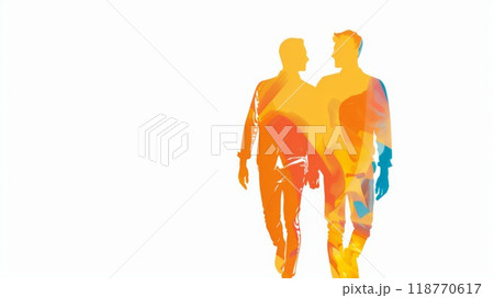 Illustration on a white background of two men holding hands, min 118770617