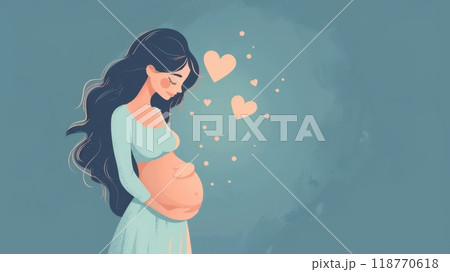 Tender image of a pregnant woman cradling her belly with hearts, 118770618