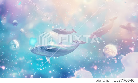 Pod of whales swimming in a colorful cosmic ocean filled with stars and nebulae. Magical and dreamlike underwater scene. Pod of whales swimming in a colorful cosmic ocean filled with stars and nebulae. Magical and dreamlike underwater scene. 118770640