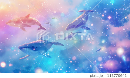 Pod of whales swimming in a colorful cosmic ocean filled with stars and nebulae. Magical and dreamlike underwater scene. 118770641