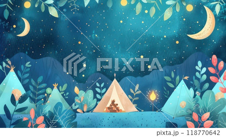 Illustration of a nighttime camping scene with tents and a campfire under a starry sky and crescent moon. Concept of adventure and magical night. 118770642