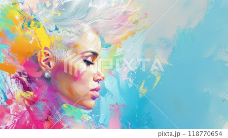 Digital illustration of a woman with abstract colorful background, creating a vibrant and artistic portrait. 118770654