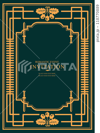 Gold ornament on dark background. Can be used as invitation card. Book cover. Vector illustration. Hand drawn Illustration 118770889