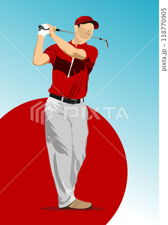 Golf club background with golfer man image. Vector 3d hand drawn illustration Golf club background with golfer man image. Vector 3d hand drawn illustration 118770905