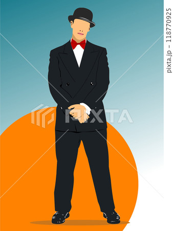 Vintage Gentleman Wearing Top Hat Isolated on White Background. 3d color hand drawn vector illustration 118770925