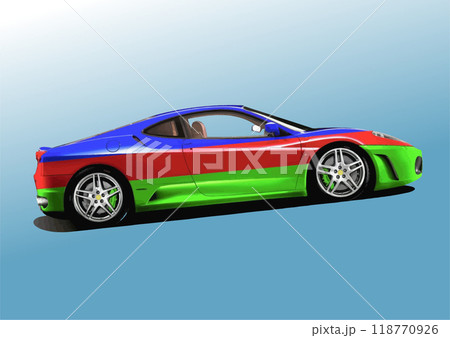 Super 3-colored Sport Car in side view. 3d vector hand drawn illustration 118770926