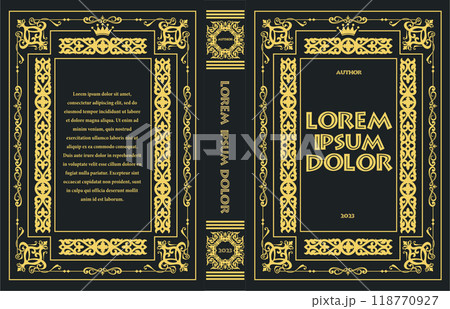 Ornate leather book cover and Old retro ornament frames. Royal Golden style design. Historical novel. Oriental style Vector illustration. Hand drawn illustration Ornate leather book cover and Old retro ornament frames. Royal Golden style design. Historical novel. Oriental style Vector illustration. Hand drawn illustration 118770927
