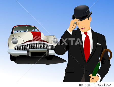London gentleman in hat and old car. Vector 3d hand drawn illustration 118771002