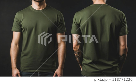 Green t-shirt mockup on a male model, front and back views. Green t-shirt mockup on a male model, front and back views. 118771226