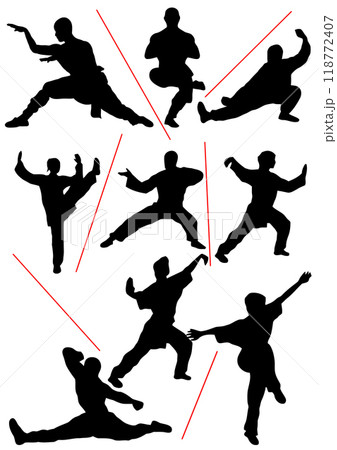 Silhouette of people isolated on white background. Wushu, kung fu, Taekwondo, Aikido. Sports positions. Design elements and icons. Hand drawn Vector illustration 118772407