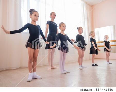 Children's ballet school. Caucasian woman teaching ballet to little girls. Children's ballet school. Caucasian woman teaching ballet to little girls. 118773140