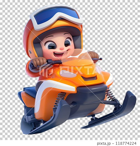 AI-generated item. 3D cartoon boy on snowmobile isolated on transparent background. AI-generated item. 3D cartoon boy on snowmobile isolated on transparent background. 118774224