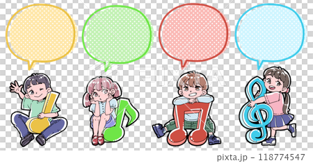 Illustration of musical notes and children with speech bubbles 118774547