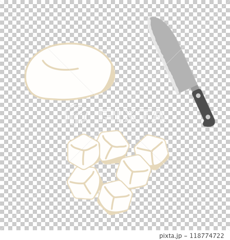 Illustration of round rice cakes cut into small pieces with a knife Illustration of round rice cakes cut into small pieces with a knife 118774722
