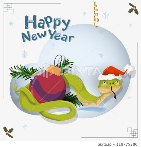 The symbol of the new year is a snake in a Santa Claus hat wraps rings around a toy for decorating a fir tree The symbol of the new year is a snake in a Santa Claus hat wraps rings around a toy for decorating a fir tree 118775280