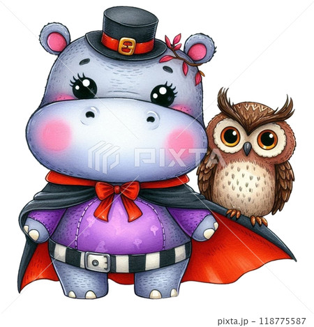 Cute hippo wearing a vampire costume and Halloween clipart watercolor  118775587