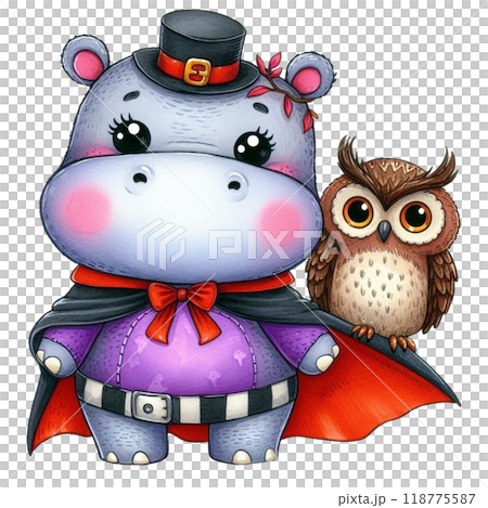 Cute hippo wearing a vampire costume and Halloween clipart watercolor  118775587