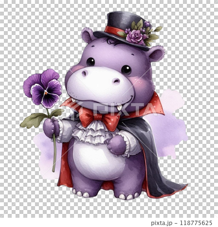 Cute hippo wearing a vampire costume and Halloween clipart watercolor  118775625