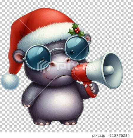 Cute hippopotamus with Christmas clipart watercolor Cute hippopotamus with Christmas clipart watercolor 118776224