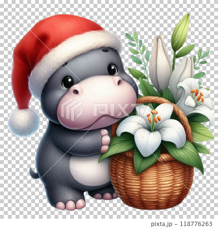 Cute hippopotamus with Christmas clipart watercolor  118776263
