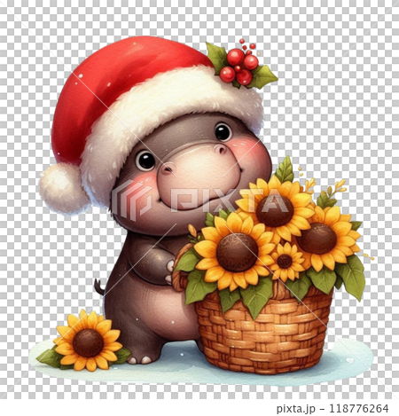 Cute hippopotamus with Christmas clipart watercolor  118776264